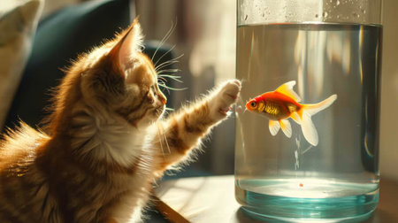 A cat dipping its paw into a fish tank, trying to catch a goldfish. The living room setting is bright and modern.の素材