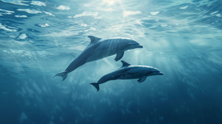 A dolphin mother and her calf swimming side by side in the open sea, symbolizing their strong bond.の素材