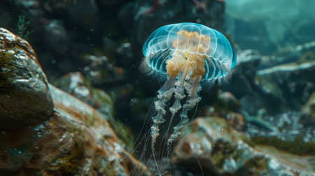 A jellyfish gliding past a rocky underwater terrain, its graceful movements contrasting with the rugged environment.の素材