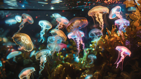 A group of jellyfish illuminated by underwater lights, creating a stunning display of colors and shapes.の素材