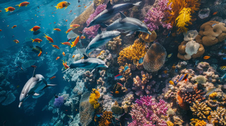 Aerial view of dolphins swimming near a coral reef, with colorful fish and marine life around them.の素材