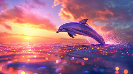 A dolphin performing a high leap in front of a colorful sunset, with the ocean sparkling below.の素材