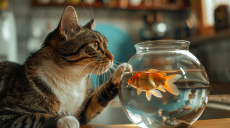 A cat gently pawing at a fish in a glass bowl, its whiskers twitching with curiosity. The backdrop is a colorful kitchen.の素材