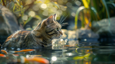 A curious cat sitting by a pond, intently watching fish swim near the surface, ready to pounce. The scene is set in a tranquil garden.の素材