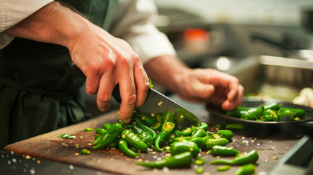 A chef chopping fresh green chili peppers on a cutting board, releasing their aromatic flavor.の素材
