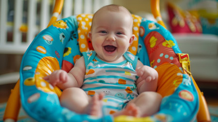 A baby sitting in a colorful baby bouncer, bouncing and giggling with excitement.の素材