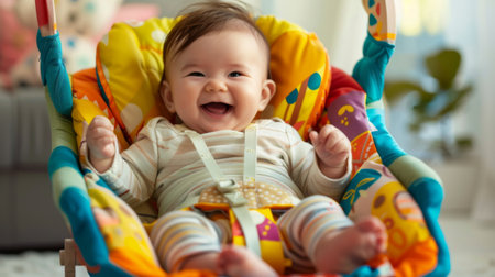 A baby sitting in a colorful baby bouncer, bouncing and giggling with excitement.の素材