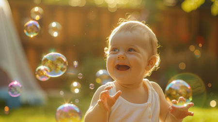 A baby giggling with delight as they play with bubbles in a sunny backyard garden.の素材