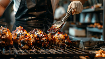 A chef basting whole chickens with barbecue sauce on a rotisserie grill, creating mouthwatering flavor.の素材