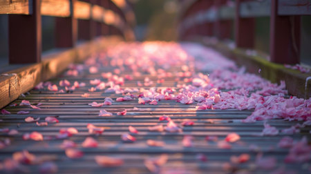 A close-up of cherry blossom petals scattered on a wooden bridge, creating a picturesque scene.の素材