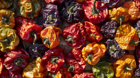 A close-up of chili peppers drying in the sun, with vibrant colors and wrinkled skin.の素材