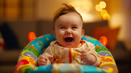 A baby sitting in a colorful baby bouncer, bouncing and giggling with excitement.の素材