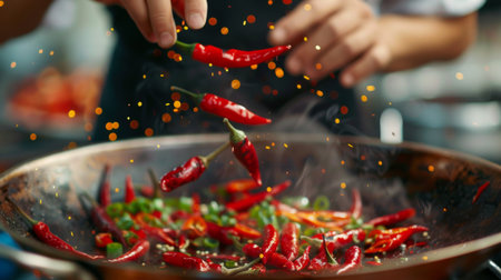 A chef adding sliced chili peppers to a sizzling stir-fry, creating a burst of flavor and heat.の素材