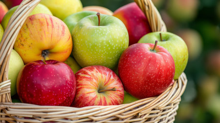 A basket of assorted apples in vibrant colors, ready for farmers market display.の素材