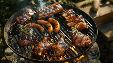 A barbecue party with grilled chicken quarters, ribs, and sausages cooking over hot coals.の素材