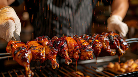 A chef basting whole chickens with barbecue sauce on a rotisserie grill, creating mouthwatering flavor.の素材