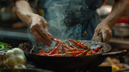 A chef adding sliced chili peppers to a sizzling stir-fry, creating a burst of flavor and heat.の素材
