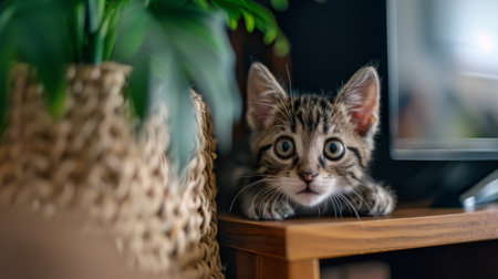A curious kitten peering from behind a TV stand, trying to get a better view of the screen.の素材