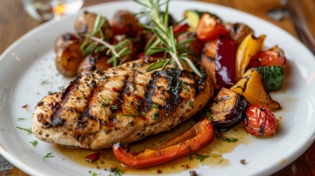 A sizzling grilled chicken breast served with colorful roasted vegetables on a white plate.の素材