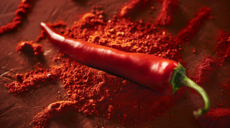 A fiery red chili pepper resting on a bed of chili powder, symbolizing intensity and heat.の素材