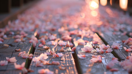 A close-up of cherry blossom petals scattered on a wooden bridge, creating a picturesque scene.の素材