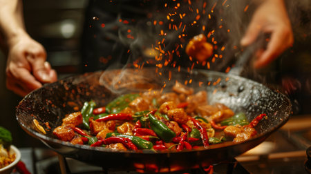 A chef adding sliced chili peppers to a sizzling stir-fry, creating a burst of flavor and heat.の素材