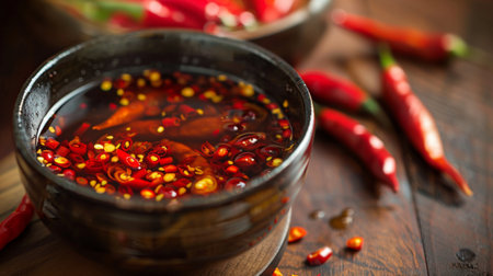 A bowl of spicy chili oil with whole peppers floating on the surface, ready to drizzle over noodles or pizza.の素材