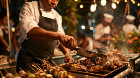 A chef carving grilled chicken at a live cooking station, serving guests at a catered event.の素材