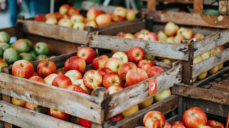 A farmer's market stall overflowing with crates of ripe apples, attracting customers' attention.の素材