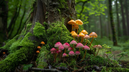A cluster of colorful mushrooms sprouting from the base of a moss-covered tree in the woods.の素材