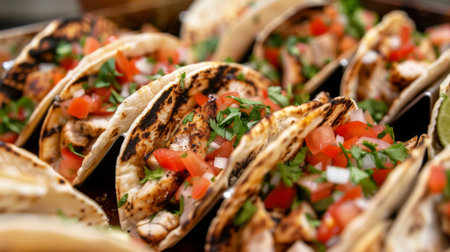 A food truck serving up gourmet grilled chicken tacos with fresh salsa and cilantro lime crema.の素材