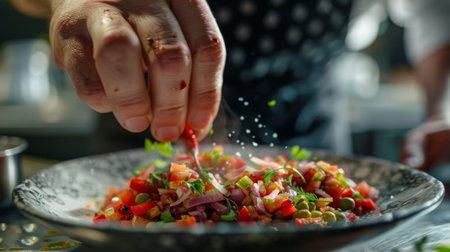 A chef garnishing a dish with chopped chili peppers, adding a pop of color and flavor to the presentation.の素材