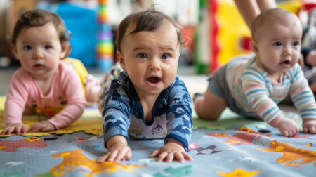 A group of babies crawling and playing together on a soft play mat, exploring their surroundings.の素材