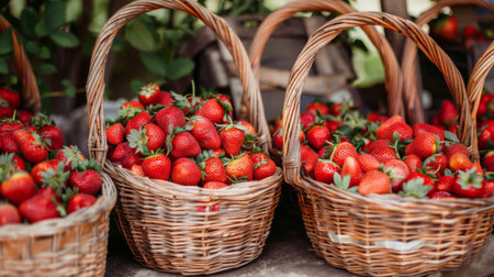 A farmer's market stall overflowing with baskets of ripe strawberries, enticing customers with their vibrant color.の素材