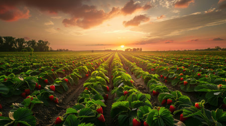 A picturesque strawberry field at sunset, with rows of plants stretching toward the horizon.の素材