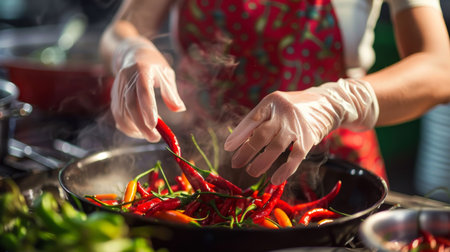 A woman wearing gloves while handling hot chili peppers, protecting her hands from the spicy oils.の素材