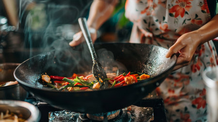 A woman cooking spicy Thai curry with red chili peppers, lemongrass, and coconut milk in a traditional wok.の素材