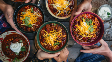 A group of friends enjoying spicy chili con carne served in colorful bowls, topped with cheese and sour cream.の素材