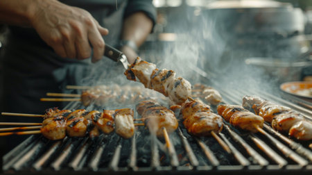Close-up of a chef flipping marinated chicken skewers on a smoky barbecue grillの素材