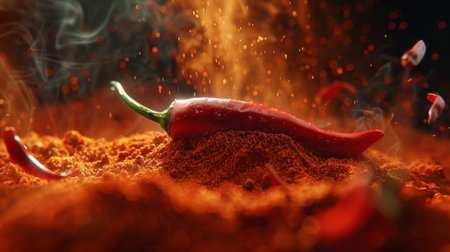 A fiery red chili pepper resting on a bed of chili powder, symbolizing intensity and heat.の素材