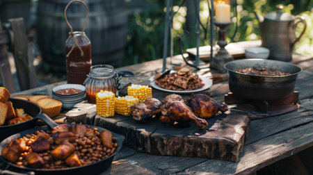 A rustic outdoor barbecue setup with grilled chicken, cornbread, and baked beans on a wooden table.の素材
