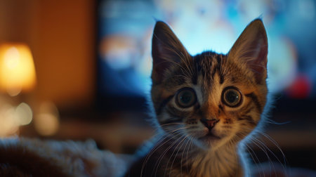 Close-up of a curious kitten with wide eyes, fascinated by the moving images on a television screen.の素材