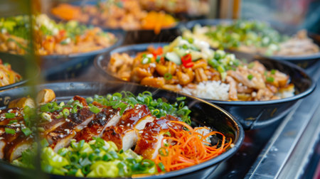 A street food vendor serving up aromatic grilled chicken rice bowls with tangy sauce and pickled vegetables.の素材