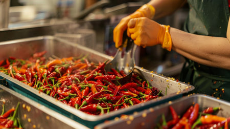 A woman wearing gloves while handling hot chili peppers, protecting her hands from the spicy oils.の素材