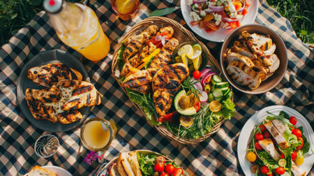 A picnic spread with grilled chicken sandwiches, fresh salads, and cold drinks on a checkered blanket.の素材