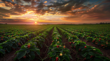 A picturesque strawberry field at sunset, with rows of plants stretching toward the horizon.の素材