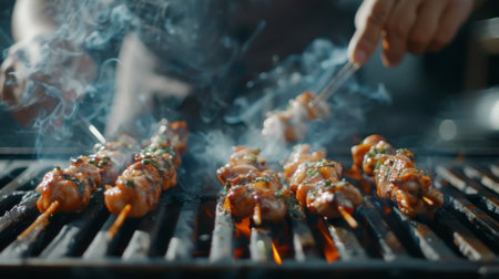 Close-up of a chef flipping marinated chicken skewers on a smoky barbecue grillの素材