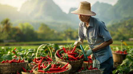 A farmer harvesting ripe chili peppers from a field, with baskets overflowing with fresh produce.の素材