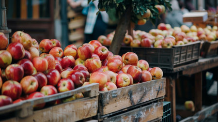 A farmer's market stall overflowing with crates of ripe apples, attracting customers' attention.の素材