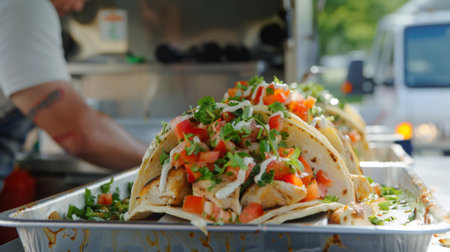 A food truck serving up gourmet grilled chicken tacos with fresh salsa and cilantro lime crema.の素材